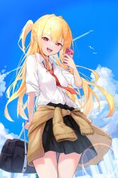 1girl aircraft airplane arm_at_side artist_name bag black_bag black_skirt blonde_hair blue_sky breasts brown_cardigan cardigan cardigan_around_waist cellphone clothes_around_waist cloud collared_shirt commentary_request contrail cowboy_shot day double-parted_bangs dress_shirt fang floating_hair fuji_sakura gyaru hair_between_eyes hand_up highres holding holding_bag holding_phone kogal light_blush long_bangs long_hair long_sidelocks looking_at_viewer looking_down necktie one_side_up open_mouth original outdoors phone pleated_skirt red_eyes red_necktie school_bag school_uniform shirt short_sleeves sidelocks simple_bird skirt sky small_breasts smartphone smile solo standing sunlight teeth upper_teeth_only white_shirt