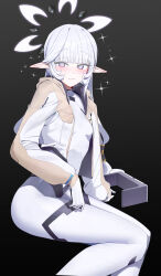 1girl absurdres blue_archive blush bodysuit breasts commentary earclip grey_halo halo highres himari_(blue_archive) himari_(bodysuit)_(blue_archive) jacket long_hair mole mole_under_eye multicolored_halo multicolored_jacket official_alternate_costume pointy_ears seiza sitting small_breasts solo sparkle symbol-only_commentary two-tone_halo two-tone_jacket white_bodysuit white_hair white_halo zanya_000