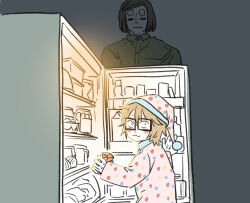 2boys :3 aged_down blonde_hair brothers brown_hair child commentary_request extra_eyes glasses grey_background hat indoors juice_box looking_at_viewer luther_von_ivory male_focus multiple_boys nightcap pajamas pink_pajamas randal&#039;s_friends randal_ivory refrigerator short_hair siblings simple_background tsukasa_(tsukasa_mimizuku)
