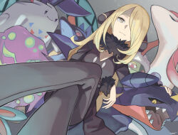 1girl absurdres black_coat black_pants blonde_hair breasts closed_mouth coat collarbone commentary_request creatures_(company) crossed_legs cynthia_(pokemon) from_below fur-trimmed_coat fur_collar fur_trim game_freak garchomp gen_3_pokemon gen_4_pokemon hair_ornament hair_over_one_eye highres long_hair long_sleeves looking_at_viewer looking_down lucario milotic nintendo one_eye_covered pants pokemon pokemon_(creature) pokemon_dppt red_eyes roserade sharp_teeth spiritomb teeth togekiss tyaui_(xjju4435) v-neck yellow_eyes