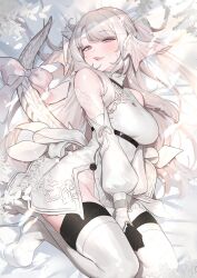 1girl au_ra bare_shoulders black_gloves black_thighhighs boots bow breasts commentary commission detached_sleeves dragon_girl dragon_tail dress final_fantasy final_fantasy_xiv gloves grey_hair highres large_breasts long_hair long_sleeves looking_at_viewer mayuri_kaichou open_mouth pink_bow puffy_long_sleeves puffy_sleeves purple_eyes scales skeb_commission sleeveless sleeveless_dress solo symbol-only_commentary tail tail_ornament teeth thigh_boots thighhighs upper_teeth_only warrior_of_light_(ff14) white_boots white_dress white_scales white_tail