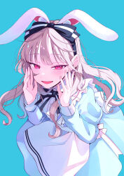 1girl absurdres animal_ear_hairband animal_ears black_hairband blonde_hair blue_background blue_dress bow_hairband commentary_request dress fake_animal_ears fang frilled_dress frills hairband hands_up highres juliet_sleeves kamikawa_runa long_hair long_sleeves looking_at_viewer maria_komaki ookami_wa_tsuki_ni_koi_wo_suru open_mouth pink_eyes puffy_sleeves rabbit_ear_hairband rabbit_ears simple_background smile solo