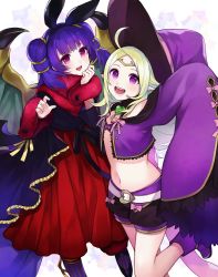 2girls ahoge aym_(ash3ash3ash) bad_id bad_twitter_id blush cape circlet dragon_girl dragon_wings dress fire_emblem fire_emblem:_the_sacred_stones fire_emblem_awakening fire_emblem_heroes gloves green_eyes green_hair hat highres long_hair multi-tied_hair multiple_girls myrrh_(fire_emblem) myrrh_(halloween)_(fire_emblem) nintendo nowi_(eternal_witch)_(fire_emblem) nowi_(fire_emblem) open_mouth pink_legwear pointy_ears ponytail purple_eyes purple_hair red_eyes short_hair smile tiara twintails wings witch_hat