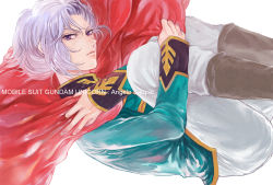 1boy angelo_sauper bad_id bad_pixiv_id boots cape gundam gundam_unicorn male_focus military military_uniform purple_eyes solo toggles unco_wc