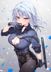 Rule 34 | 1girl, baton (weapon), belt, black belt, black gloves, black necktie, black pants, black ribbon, blue hair, blue shirt, breasts, cleavage, cowboy shot, female focus, gloves, hair ribbon, large breasts, looking at viewer, medium hair, necktie, original, pants, partially unbuttoned, police, police uniform, policewoman, purple eyes, ribbon, shikitani asuka, shirt, solo, weapon