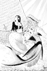 2girls ^_^ bikini bikini_top_only bracelet closed_eyes coin commentary daonepiece english_commentary flower greyscale hair_flower hair_ornament highres jewelry long_hair mermaid monochrome monster_girl multiple_girls nami_(one_piece) necklace nico_robin one_piece poneglyph swimsuit sword treasure_chest tumblr_username weapon
