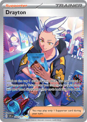 1girl 1other 2boys artist_name bag black_jacket blue_pants blue_shirt blue_socks blueberry_academy_school_uniform bottle card_(medium) character_name closed_mouth company_name copyright_name copyright_notice domu_(hamadura) drayton_(pokemon) english_text from_behind gloves holding holding_bag indoors jacket male_focus maschiff multicolored_hair multiple_boys nintendo official_art on_one_knee open_clothes open_jacket pants pokemon pokemon_card pokemon_sv pokemon_tcg purple_hair red_gloves school_uniform shirt shoes shopping_basket short_hair smile socks solo_focus standing streaked_hair third-party_source trading_card two-tone_hair white_hair white_shirt white_shoes yellow_eyes