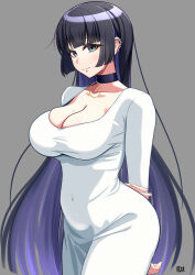 1girl aqua_eyes arms_behind_back barbell_piercing bigthirteen0301 black_choker black_hair blunt_bangs blush bocchi_the_rock! breasts chin_piercing choker closed_mouth colored_inner_hair dress ear_piercing goth_fashion grey_background highres hime_cut industrial_piercing jewelry labret_piercing large_breasts lip_piercing long_hair long_sleeves looking_at_viewer mole mole_on_breast mouth_piercing multicolored_hair nose_blush pa-san piercing purple_hair sidelocks signature simple_background smile solo straight_hair very_long_hair white_dress