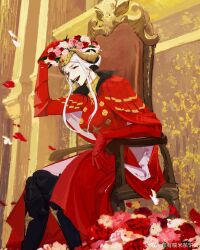 1girl absurdres boots breasts crown dress edelgard_von_hresvelg edelgard_von_hresvelg_(timeskip) fire_emblem fire_emblem:_three_houses flower highres long_hair medium_breasts nin_you_ji_dong_cha_bing_ma nintendo purple_eyes red_dress sitting solo white_hair