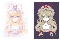 1girl blonde_hair choker closed_mouth collarbone dress frills hair_between_eyes hair_ribbon hat highres light_smile long_hair looking_at_viewer mob_cap portrait purple_background purple_dress purple_eyes ribbon slit_pupils touhou variations xianyu_liang yakumo_yukari