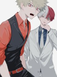 Rule 34 | 2boys, bakugou katsuki, belt, belt buckle, black pants, black vest, blonde hair, blue eyes, blue shirt, boku no hero academia, brown eyes, buckle, collared shirt, commentary request, cowboy shot, dress shirt, formal clothes, grey background, hair between eyes, hand on own chin, heterochromia, highres, jacket, lapels, layered sleeves, long sleeves, looking at viewer, male focus, multicolored hair, multiple boys, necktie, neminemisho, notched lapels, open collar, open mouth, orange belt, orange shirt, pants, red eyes, shirt, short hair, simple background, sleeves rolled up, split-color hair, standing, suit, suit jacket, teeth, todoroki shoto, vest, white necktie, white pants, white suit, wing collar