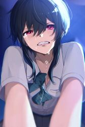 Rule 34 | 1girl, absurdres, black hair, blue background, bow, bowtie, breasts, cleavage, clenched teeth, collared shirt, crying, crying with eyes open, green bow, green bowtie, grey skirt, hair between eyes, hanami haru, highres, looking at viewer, mole, mole under eye, open collar, original, pink eyes, plaid bow, plaid bowtie, plaid clothes, pov, school uniform, shirt, shirt tucked in, short hair, short sleeves, sidelocks, simple background, skirt, solo, strangling, tears, teeth, undone bowtie, upper body, white shirt