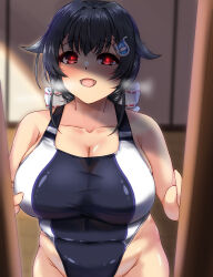 1girl absurdres bare_arms black_hair black_one-piece_swimsuit blurry blurry_background breasts cleavage collarbone commentary_request covered_navel glowing glowing_eyes hair_between_eyes hair_ornament hair_ribbon highres jingei_(kancolle) kantai_collection large_breasts long_hair one-piece_swimsuit open_mouth plump red_eyes ribbon shigatsu_(soratobuusagi) smile solo standing swimsuit taut_clothes taut_swimsuit two-tone_one-piece_swimsuit white_one-piece_swimsuit