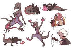 +++ 1boy 1girl arms_up biting blonde_hair closed_eyes commentary creatures_(company) evolutionary_line biting_finger game_freak gen_7_pokemon guzma_(pokemon) heart hood hooded_jacket jacket long_hair multicolored_hair nintendo open_mouth pink_hair plumeria_(pokemon) pokemon pokemon_sm quad_tails salandit salazzle shirt sleeping sleeveless sleeveless_shirt smile ssalbulre team_skull tongue two-tone_hair white_background white_hair
