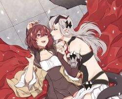 2girls brown_hair collarbone color-les curtains demon_girl demon_horns demon_tail elbow_gloves eye_contact fingernails gloves highres holding_hands horns interlocked_fingers lips long_hair looking_at_another mage_and_demon_queen malori_crowett medium_hair multiple_girls official_art on_ground open_mouth outdoors purple_eyes sharp_fingernails smile tail tile_floor tiles velverosa white_hair yellow_eyes yuri