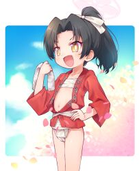 1girl :d black_hair blue_archive blush bow chest_sarashi collarbone commentary_request falling_petals flat_chest fundoshi hair_bow halo hand_on_own_hip happi highres holding holding_towel japanese_clothes loli medium_hair midriff navel open_mouth parted_bangs petals pink_halo ponytail red_happi rickshaw_student_(blue_archive) sakurabe_notos sarashi smile solo sweat towel v-shaped_eyebrows white_bow yellow_eyes