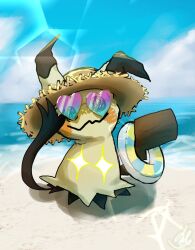 Rule 34 | animal focus, beach, bright pupils, closed mouth, gen 7 pokemon, heart, heart-shaped eyewear, highres, holding, holding swim ring, innertube, looking at viewer, mimikyu, namekuj1hey, nintendo, no humans, ocean, pokemon, pokemon (creature), pokemon focus, sand, smile, sunglasses, swim ring, tinted eyewear, water