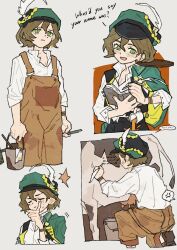 ... 1girl :d anger_vein black_vest body_writing brown_hair brown_overalls bucket cape cow cowboy_shot english_text feet_out_of_frame green_cape green_eyes green_hat grey_background hand_on_own_chin hat hat_feather highres holding holding_bucket holding_notebook holding_quill mole mole_under_eye multiple_views newsboy_cap notebook on_one_knee open_clothes open_mouth open_vest overalls quill recoleta_(reverse:1999) reverse:1999 shirt short_hair smile solo speech_bubble spoken_anger_vein spoken_ellipsis stroking_own_chin thinking tray upper_body vest white_shirt writing yang_miemie_benti