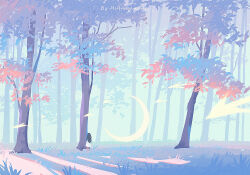 1girl artist_name bird black_hair crescent_moon dress forest from_behind grass huhv. long_hair moon nature original outdoors scenery shadow solo tree white_dress wide_shot