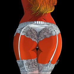 Rule 34 | 1girl, artist name, ass, ass focus, black background, blonde hair, colored skin, commentary, dimples of venus, from behind, garter belt, garter straps, highres, lace, lace-trimmed panties, lace-trimmed thighhighs, lace trim, long hair, lower body, orange skin, original, pachu m. torres, panties, solo, thigh gap, thighhighs, underwear, variant set, white panties, white thighhighs