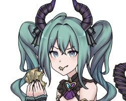 1girl aqua_hair banknote bite_mark black_horns black_nails black_tail blue_eyes broken_heart brooch commentary commission commissioner_upload dragon_horns dragon_tail eating english_commentary fang hair_ribbon hatsune_miku hatsune_miku_(noodle_stopper)_(villain) heart highres holding holding_money horns jewelry long_hair looking_at_viewer money multicolored_horns multicolored_tail purple_horns purple_tail ribbon tail the_freakin_yui twintails two-tone_horns upper_body
