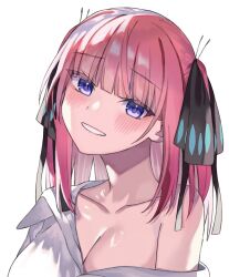 Rule 34 | 1girl, blue eyes, blush, breasts, butterfly hair ornament, cleavage, clenched teeth, collarbone, collared shirt, go-toubun no hanayome, hair ornament, highres, looking at viewer, medium hair, nakano nino, pink hair, shirt, simple background, single off shoulder, solo, susukida (sususabu0710), teeth, two side up, upper body, white background, white shirt
