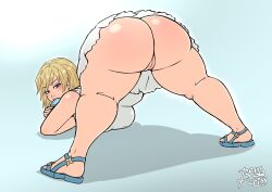 1girl ass bendacriss blonde_hair breasts cleft_of_venus dress female_focus food full_body grey_eyes highres huge_ass ice_cream jack-o&#039;_challenge kingdom_hearts large_breasts looking_at_viewer namine no_panties pussy sandals short_hair solo thick_thighs thighs white_dress