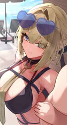 Rule 34 | 1girl, 1other, absurdres, bikini, black bikini, blonde hair, blue-tinted eyewear, breasts, evelyn chevalier, eyewear on head, heart, heart-shaped eyewear, highres, large breasts, mole, mole under eye, o-ring, pool, purple eyes, shumai il, swimsuit, tinted eyewear, zenless zone zero