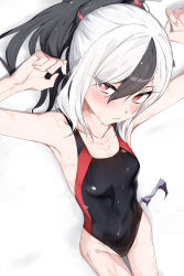 1girl absurdres alternate_costume arms_up bare_arms bare_shoulders black_hair black_one-piece_swimsuit blue_archive blush demon_girl demon_horns demon_wings hair_between_eyes highres horns isocha kayoko_(blue_archive) long_hair looking_at_viewer multicolored_hair one-piece_swimsuit parted_lips red_eyes sidelocks single_wing solo swimsuit two-tone_hair wet white_hair wings
