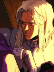 Rule 34 | 1boy, anavel gato, commentary request, expressionless, grey hair, gundam, gundam 0083, highres, looking to the side, male focus, mecha pilot suit, medium hair, miromari, pink hair, sidelighting, sitting, solo, upper body