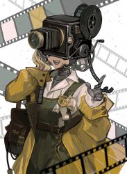 1girl absurdres bag blonde_hair brown_bag coat fanyin_chuanyu film_strip green_overalls grey_tongue hands_up highres index_finger_raised loggerhead_(reverse:1999) metal_skin movie_camera object_head open_mouth overalls reverse:1999 satchel shirt side_ponytail single_off_shoulder solo teeth upper_body white_background white_shirt yellow_coat