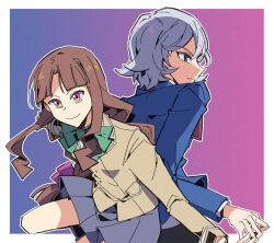 Rule 34 | 1boy, 1girl, back-to-back, blue background, blue jacket, border, brown eyes, brown hair, brown jacket, cowboy shot, digibibim, digimon, digimon ghost game, gradient background, grey hair, grey skirt, higashimitarai kiyoshiro, jacket, long hair, miniskirt, pleated skirt, purple background, short hair, simple background, skirt, tsukiyono ruli, white border