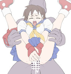 1boy 1girl absurdres ascot bar_censor blue_sailor_collar blue_skirt blush breasts brown_hair buruma buruma_around_leg capcom censored closed_eyes clothed_female_nude_male colored_skin covering_privates cum cum_in_pussy cyrano_(aazzss3) defeat fingerless_gloves full_nelson gloves grey_skin hachimaki headband hetero highres kasugano_sakura nude open_mouth penis petite rape red_buruma red_shoes reverse_suspended_congress sailor_collar school_uniform serafuku sex sex_from_behind shoes short_hair simple_background skirt sneakers street_fighter street_fighter_iii_(series) sweat teeth testicles upper_teeth_only vaginal white_background white_serafuku yellow_ascot