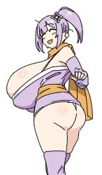 1girl :d absurdres ass ass_expansion breast_expansion breasts closed_eyes commentary cowboy_shot elbow_gloves fingerless_gloves from_behind gigantic_breasts gloves hair_ornament highres huge_ass japanese_clothes kimono kusagakure_satoko looking_back medium_hair momo_no_suidou-sui ninja_to_koroshiya_no_futarigurashi obi open_mouth orange_scarf panties purple_gloves purple_hair purple_kimono purple_thighhighs sash scarf shiny_skin short_kimono shuriken_hair_ornament side_ponytail sidelocks simple_background sleeveless sleeveless_kimono smile solo standing thick_thighs thighhighs thighs thong underwear white_background white_panties