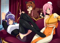 3girls animal_ears black_hairband black_thighhighs blush boosty_username breasts brown_hair brown_shirt cat_ears estellise_sidos_heurassein fake_animal_ears green_eyes hair_between_eyes hair_ornament hairband high_ponytail indoors judith_(tales) large_breasts lindaroze long_hair looking_at_viewer maid_headdress multiple_girls necktie official_alternate_costume pink_hair pink_necktie pointy_ears ponytail purple_eyes purple_hair rita_mordio shirt short_hair skirt tales_of_(series) tales_of_vesperia thighhighs twitter_username watermark web_address window