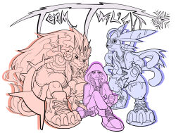 1boy 2girls armor crescent_moon digimon digimon_(creature) digimontwilight flaremon furry furry_female furry_male gloves highres hood lekismon lion_boy moon multiple_girls rabbit_girl smile