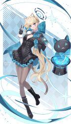1girl absurdres akanora animal_ears argyle_background artist_name black_boots black_leotard black_pantyhose blonde_hair blue_archive blue_eyes blush boots bow braid breasts cat_ears cat_tail cleavage commentary cosplay earrings facial_mark fake_animal_ears genshin_impact hair_bow half_updo halo hand_up hat highres holding holding_unworn_clothes holding_unworn_hat jewelry leotard long_hair long_sleeves lynette_(genshin_impact) lynette_(genshin_impact)_(cosplay) pantyhose single_sidelock solo star_(symbol) tail toki_(blue_archive) twitter_username two-tone_gloves unworn_hat unworn_headwear v very_long_hair