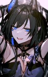 1girl 9750isz absurdres armpits arms_behind_head arms_up black_hair blue_eyes braid braided_bangs breasts cleavage collarbone dress highres horns jewelry long_hair looking_at_viewer necklace open_mouth original pale_skin pointy_ears portrait slit_pupils smile solo upper_body white_background