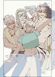 1girl 3boys alessandro_di_cagliostro_(fate) alternate_costume archer_(fate) ashiya_douman_(fate) caenis_(fate) cowboy_shot cropped_shirt dark-skinned_female dark-skinned_male dark_skin english_text facing_viewer fate/grand_order fate_(series) long_hair multicolored_hair multiple_boys sbdugite shirt short_hair simple_background spiked_hair standing sunglasses topless_male two-tone_hair white_background white_hair