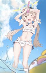 1girl absurdres armpits arms_up bikini blue_archive blush collarbone commentary_request eyewear_on_head frilled_bikini frills halo hifumi_(blue_archive) hifumi_(swimsuit)_(blue_archive) highres light_brown_hair looking_at_viewer low_twintails navel one_eye_closed open_mouth sky solo sunglasses swimsuit twintails water water_gun wet what_a white_bikini yellow_eyes