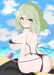 Rule 34 | 1girl, ass, back, beach, bikini, black bikini, black thighhighs, blue sky, breasts, closed mouth, cloud, commentary, green eyes, green hair, heart, heart of string, highres, horizon, huge breasts, komeiji koishi, large breasts, looking at viewer, looking back, micro bikini, ocean, outdoors, seiza, short hair, sitting, sky, solo, swimsuit, thighhighs, third eye, tokihakonbu, touhou, unworn bikini top