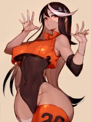 1girl ado_(utaite) black_leotard character_request copyright_request dark-skinned_female dark_skin elbow_pads fumio_(rsqkr) halloween highres leotard long_hair numbered open_hands orange_eyes orange_shirt orange_thighhighs romero_(ado) shirt show_(ado) single_elbow_pad single_thighhigh stitched_arm stitched_hand stitched_leg stitches thighhighs zombie