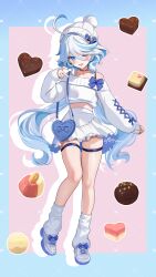 1girl absurdres alternate_costume bag beanie blue_eyes blue_hair candy chocolate chocolate_heart commentary commentary_request cowlick cropped_sweater drop-shaped_pupils drop_shadow english_commentary food full_body furina_(genshin_impact) genshin_impact half-heart_hands hat heart heart-shaped_bag heart-shaped_food highres leg_warmers long_hair looking_at_viewer midriff mixed-language_commentary one_eye_closed pink_background rrr_gns_(riuriu_1212) shoes shoulder_bag skirt solo symbol-shaped_pupils thigh_strap white_hair white_leg_warmers white_shoes white_skirt