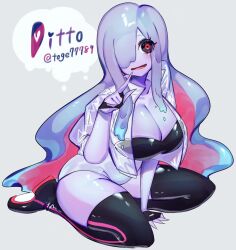 black_eyes blouse blue_hair breasts cleavage ditto finger_to_mouth fingernails gen_1_pokemon heart heart-shaped_pupils large_breasts long_hair looking_at_viewer monster_girl multicolored_hair nintendo one_eye_covered pink_hair pokemon pokemon_(creature) purple_hair see-through_clothes shirt slime_girl smile symbol-shaped_pupils thighhighs thighs togetoge very_long_hair