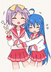 2girls =_= absurdres ahoge blue_hair bow closed_eyes grid_background hand_on_another&#039;s_shoulder highres hiiragi_tsukasa izumi_konata long_hair lucky_star multiple_girls neckerchief pink_neckerchief pleated_skirt purple_hair red_sailor_collar red_skirt red_sleeve_cuffs ryouou_school_uniform sailor_collar sailor_shirt school_uniform shirt short_hair skirt star_(symbol) v white_shirt yellow_bow yq9nhoedbnmi6iy