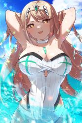 Rule 34 | 1girl, :d, armpits, blonde hair, breasts, chest jewel, cleavage, highres, in water, large breasts, long hair, looking at viewer, mythra (radiant beach) (xenoblade), mythra (xenoblade), one-piece swimsuit, open mouth, smile, solo, swimsuit, very long hair, xenoblade chronicles (series), xenoblade chronicles 2, yellow eyes, zer00han