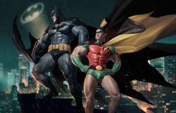 2boys bara batman batman_(series) beard black_cape black_gloves black_hair bodysuit boots bruce_wayne cape closed_mouth covered_abs dc_comics dick_grayson domino_mask facial_hair gloves green_gloves grey_bodysuit hands_on_own_hips highres large_pectorals male_focus mask multiple_boys muscular muscular_male night night_sky outdoors pectorals robin_(dc) short_hair silverjow sky thick_thighs thighs
