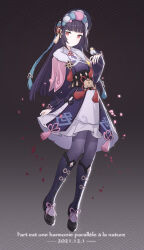 1girl absurdres bird black_corset black_hair blunt_bangs bonnet boots capelet chinese_clothes closed_mouth collar commentary_request corset dress finch french_text full_body fur_collar genshin_impact highres knee_boots lolita_fashion long_sleeves looking_at_viewer pantyhose petals pink_capelet puffy_long_sleeves puffy_sleeves purple_boots purple_pantyhose qi_lolita red_eyes smile solo white_collar yefan yun_jin_(genshin_impact)