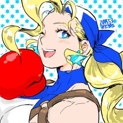 1girl artist_name blonde_hair blue_eyes boxing_gloves breasts capcom dated drill_hair highres justice_gakuen large_breasts long_hair looking_at_viewer one_eye_closed open_mouth sideboob smile solo teeth tiffany_lords tongue wink