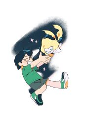 1boy black-framed_eyewear black_hair closed_eyes commentary from_side gen_3_pokemon glasses green_footwear green_shirt grin hak_ahl highres jirachi legendary_pokemon male_focus max_(pokemon) mythical_pokemon nintendo pokemon pokemon:_jirachi:_wish_maker pokemon_(anime) pokemon_(creature) pokemon_rse_(anime) shirt shoes short_hair short_sleeves shorts smile sparkle teeth